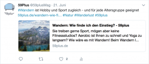 Ein Hashtag wird meistens auf Twitter verwendet. Wie hier hilft das Schlagwort #wandern, viele Waner-Begeisterte auf den Beitrag aufmerksam zu machen. Bildquelle: twitter.com/59plusMag